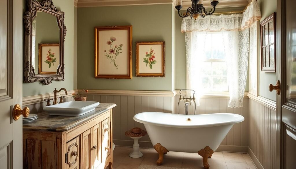 A cozy vintage European cottage bathroom with clawfoot tub, weathered wood vanity, and soft natural light streaming through lace curtains