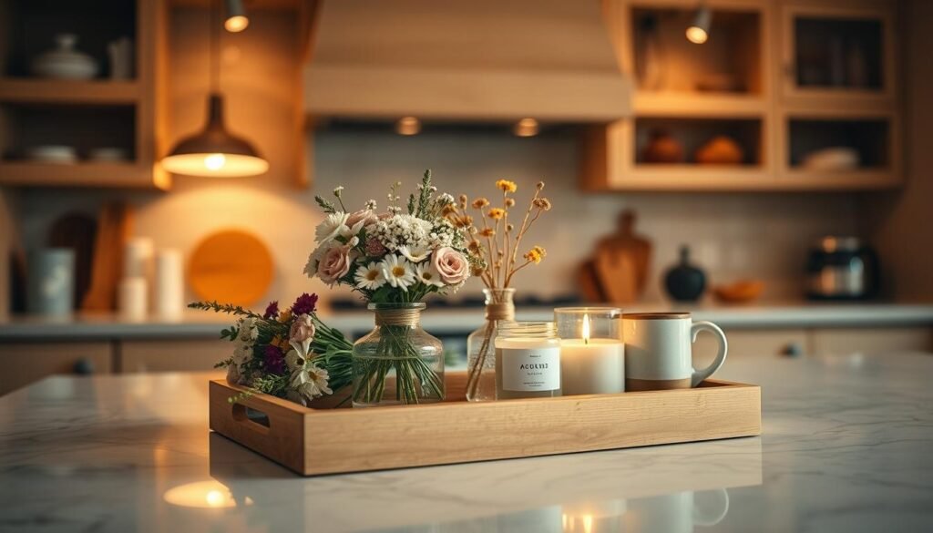 Add Warm Lighting and Simple Kitchen Tray Styling Ideas