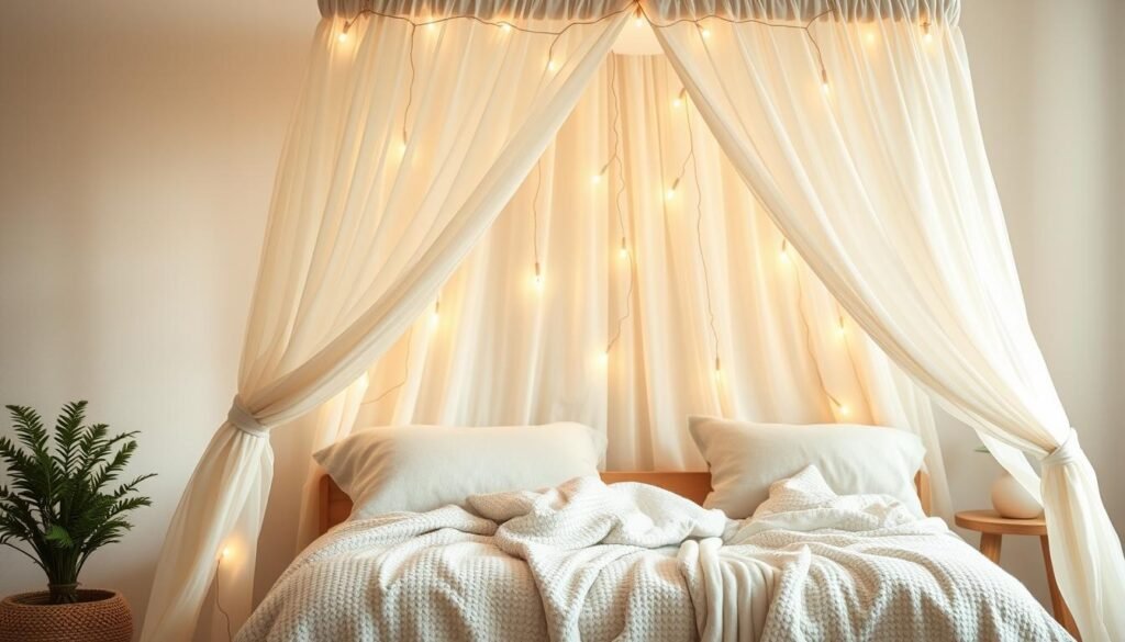 Neutral Canopy Bed with String Lights for Toddler Room