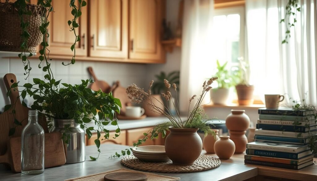 boho kitchen counter styling