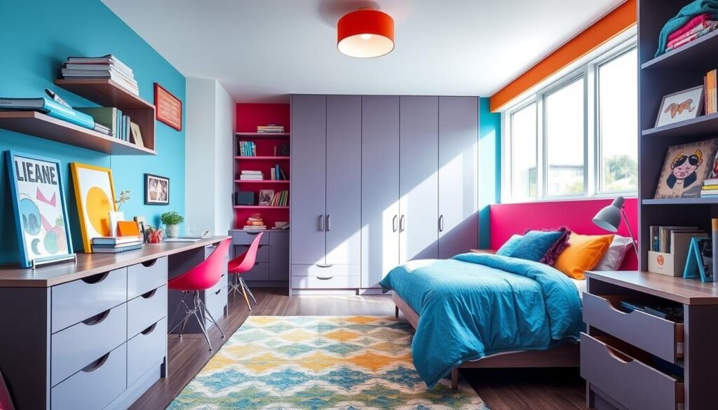 bold color scheme teen bedroom with storage solutions
