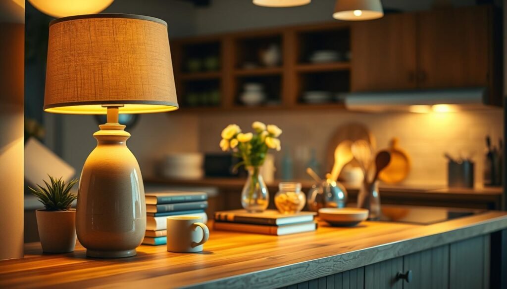 cozy kitchen counter ideas with lamp