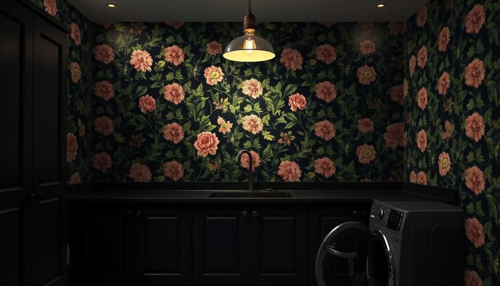 floral wallpaper in laundry room