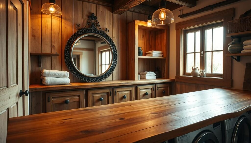 rustic laundry room with wood countertop