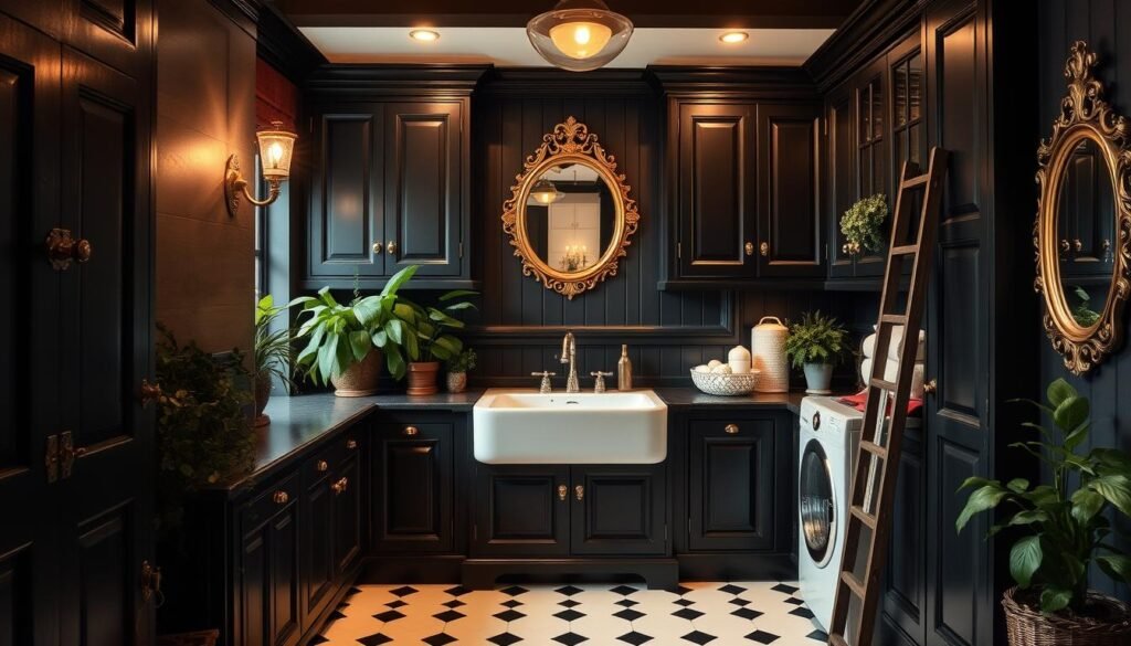 vintage black cabinets laundry room