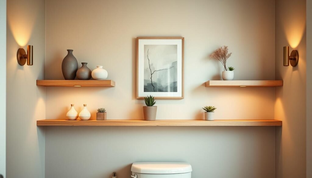 A cozy bathroom interior with a sleek, minimalist floating shelf setup above the toilet. The shelves are crafted from light-toned wood and adorned with decorative ceramic vases, potted succulents, and a framed abstract artwork. Soft, warm lighting from wall sconces casts a gentle glow, complementing the serene, spa-like atmosphere. The shelves are mounted at eye level, creating a harmonious and visually appealing arrangement that draws the eye upwards. The overall composition exudes a sense of tranquility and thoughtful design, perfectly suited for upgrading the space above the toilet.