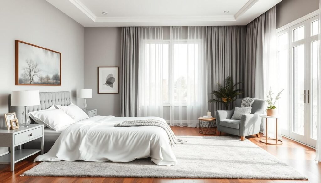 soft and serene bedroom with grey tones